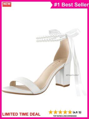 Pearl Bow Heeled Sandals Wedding Shoes Bride Chunky Block Heel Ankle Strap